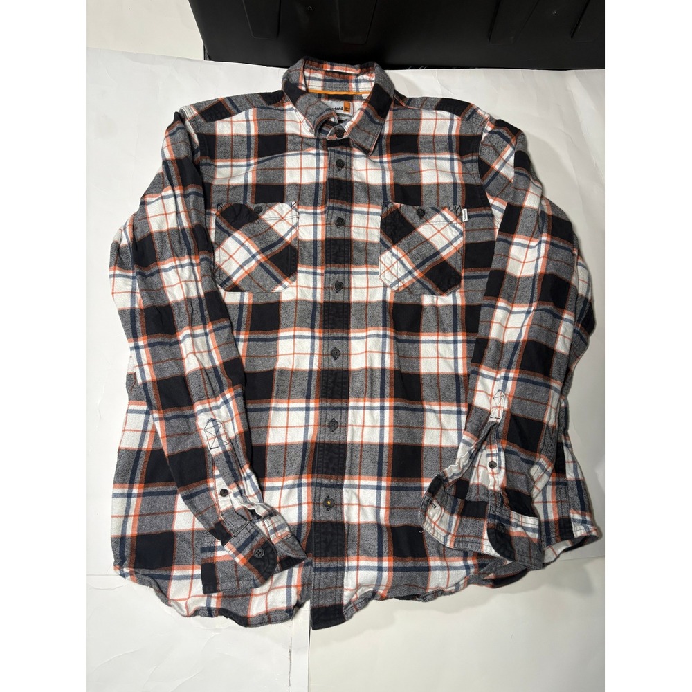 Timberland Flannel Shirt Mens Large Gray Orange Plaid Button Up Regular Fit